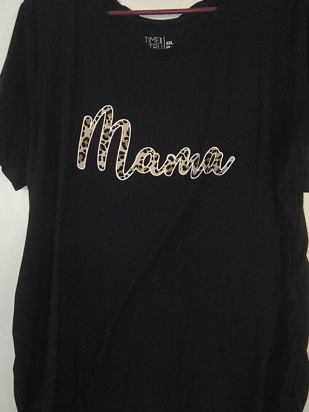 Time and Tru Black Tee with Leopard 'Mama' Script